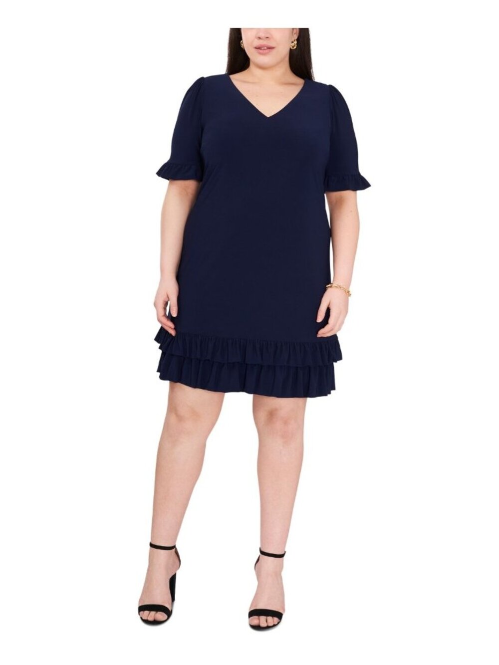 MSK Womens Plus Size Ruffle Sleeve Flounce Hem Shift Dress Navy Blue Size 1X NWT